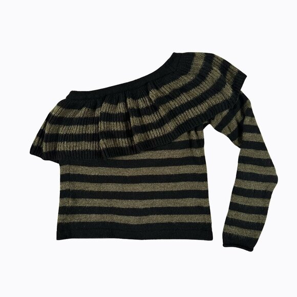 Asymmetric Ruffle One-Shoulder Sweater Sz S Black Olive Striped Y2K 90s Coquette - Picture 2 of 5